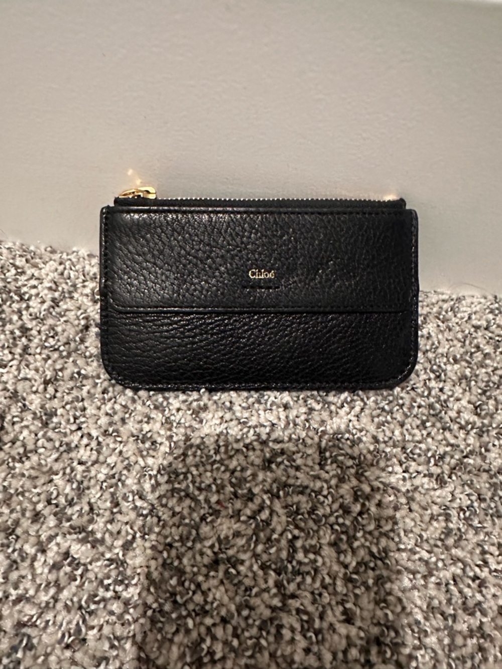 Chloé Black Pebbled Leather Zip Card Pouch with Gold Hardware